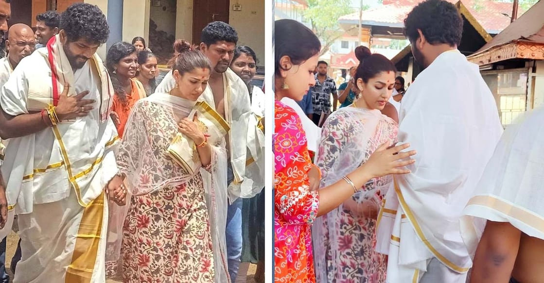 Nayanthara and Vignesh Shivan The Sreedevi Vilasam Hindu Matha convention presented the couple with a gift on their arrival at the temple. Photo: YouTube