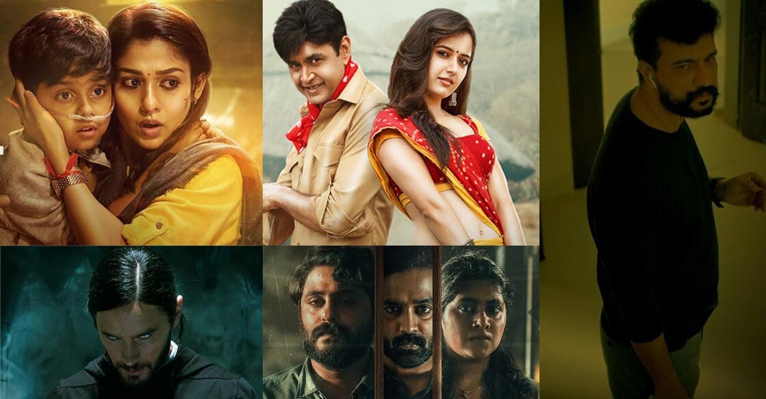 Combo image of stills from 'O2', 'Avatara Purusha', 'Morbious', 'Innale Vare' and 'No Way Out'. Photos:IMDB