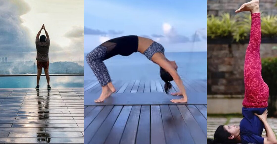 The actors took to their social media handles to pose photos of their yoga skills. Photos: Facebook/Instagram
