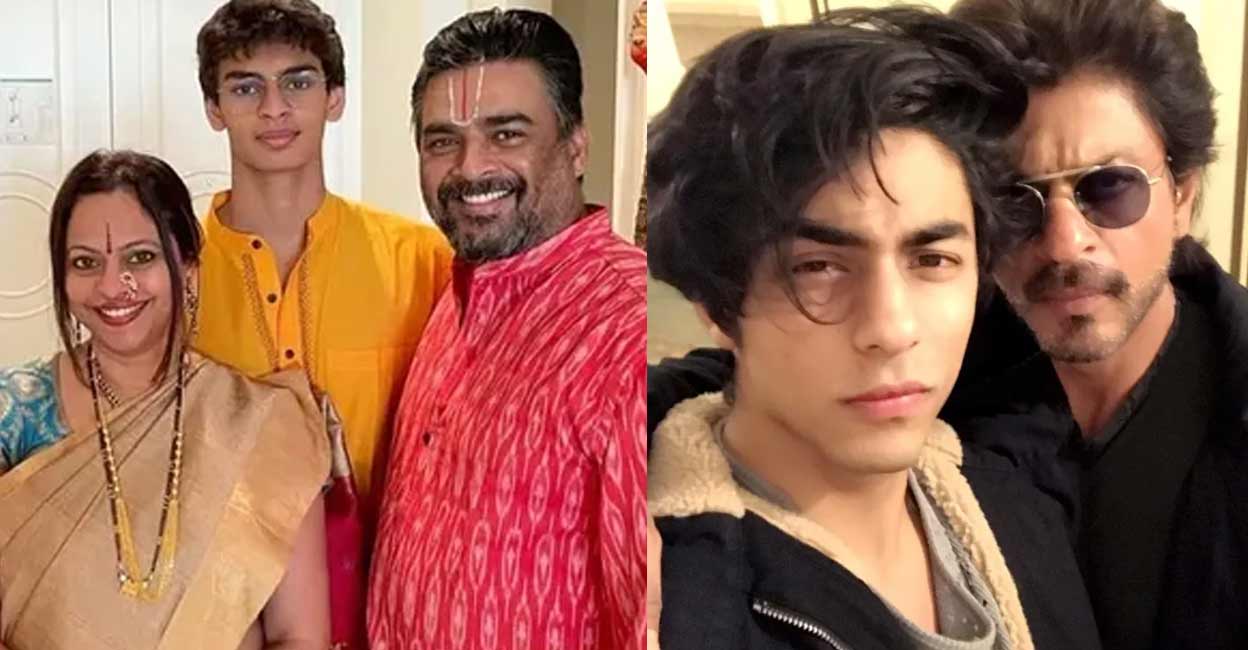 Combo image of R Madhavan and family (L) and Shah Rukh Khan with his son Aryan Khan (R) |Facebook