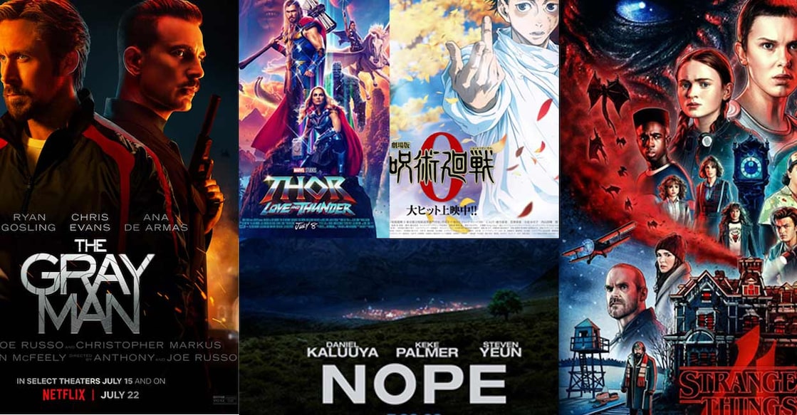 Combo image of movie posters, including 'Gray Man', ‘Thor: Love and Thunder’, 'Nope', 'Jujutsu Kaisen 0', and 'Stranger Things Season 4 Volume 2'. 
