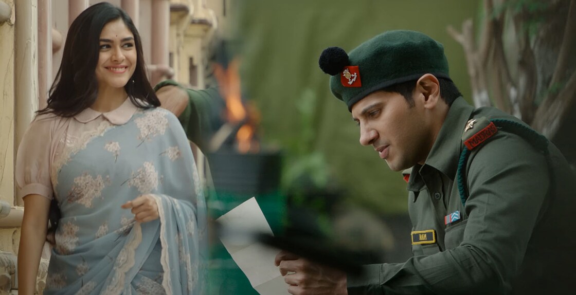 Combo image of Dulquer Salmaan and Mrunal Thakur from the movie 'Sita Ramam'. Screen grab: Sita Ramam Teaser/YT