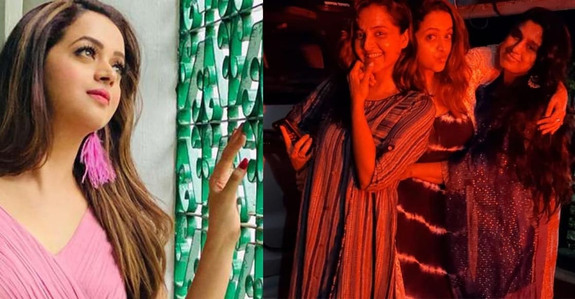 (Left) Bhavana during a photo shoot. Filephoto. (Right) Manju Warrier along with actor Bhavana. Photo: Facebook