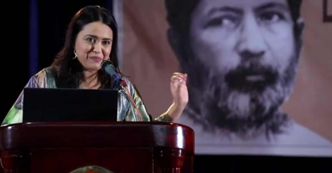 Swara Bhaskar delivers the sixth Dr TK Ramachandran Memorial Lecture at the TDM Hall, Kochi on Thursday. Screengrab