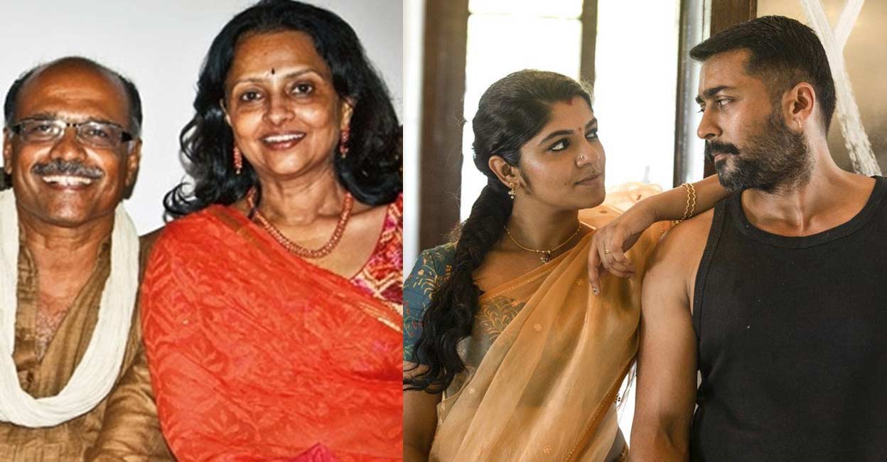 Caption Gopinath and wife Bhargavi When Caption Gopinath (Left) marched towards making his dream project Air Deccan a reality, Bhargavi concentrated on the bakery business. (Right) Aparna and Suriya in the film. File photos