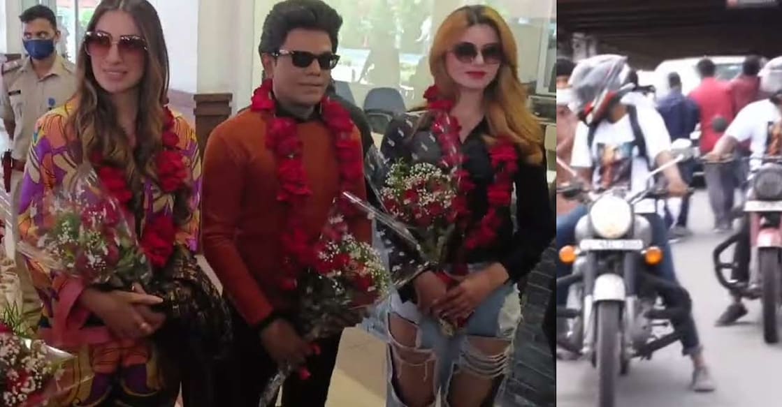 Flanked by his heroines Urveshi Rautela and Raai Laxmi, Saravanan stepped outside the Cochin International Airport to a grand welcome. Video stills