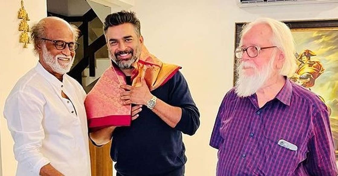 Rajinikanth (L) with (C) Madhavan and Nambi Narayanan. Photo: IANS