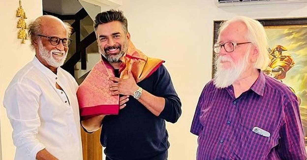 Rajinikanth (L) with (C) Madhavan and Nambi Narayanan. Photo: IANS