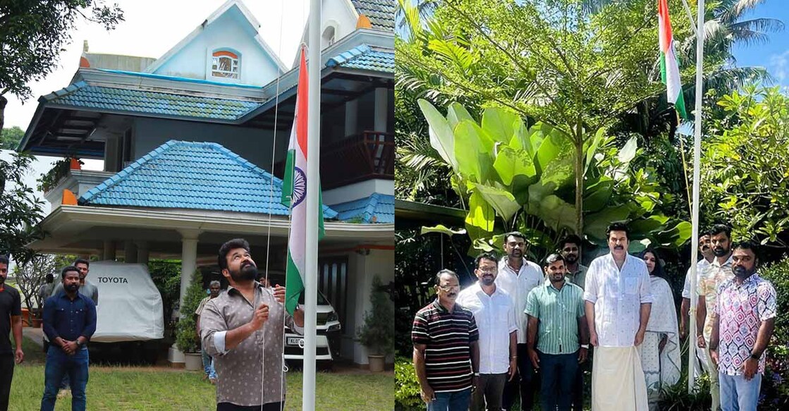  Actor Mohanlal hoisting the national flag at his house in Kochi. Photo: Manorama. (R) Mammootty standing next to the national flag hoisted at his house in Kochi. Photo: Facebook