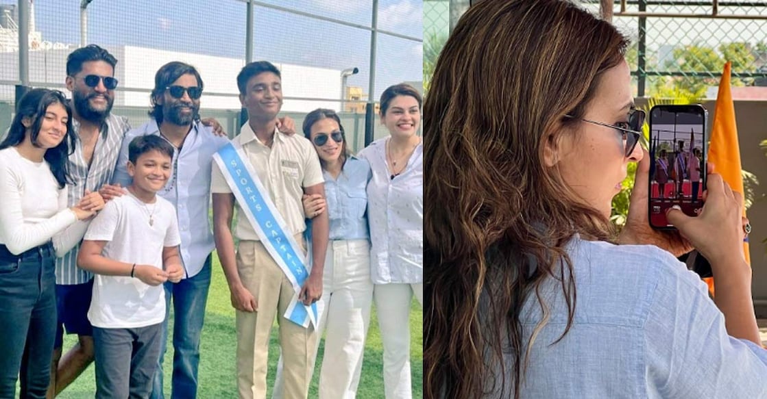 Their younger son Lingaa can also be seen in the picture along with Vijay Yesudas and family. Photo: Instagram | aishwariyarajini | Sreedhar Pillai