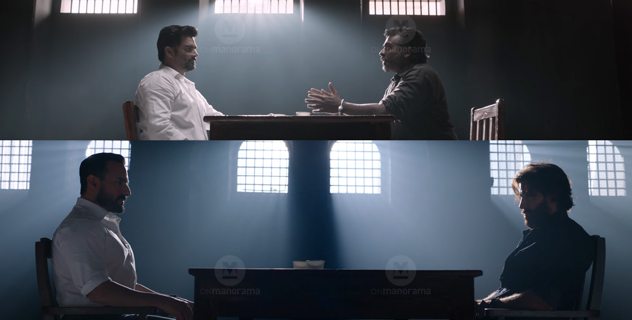 The give and take between the cop and the criminal sitting across a table became iconic the moment the 'Vikram Vedha' Tamil trailer was released on YouTube on Jun 22, 2017. Photos: Screengrabs: YouTube/YNOT Studios/T-Series