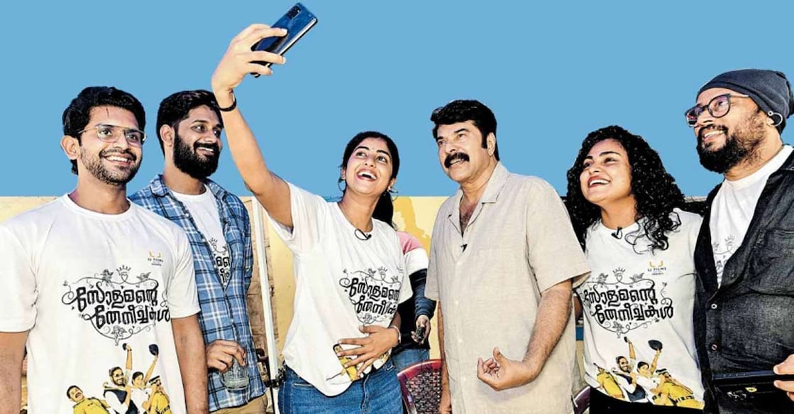 Mammootty (C) posing for a selfie with young actors (L to R) Adis, Shambhu, Darshana and Vinci and director Lal Jose. Photo: E V Shreekumar