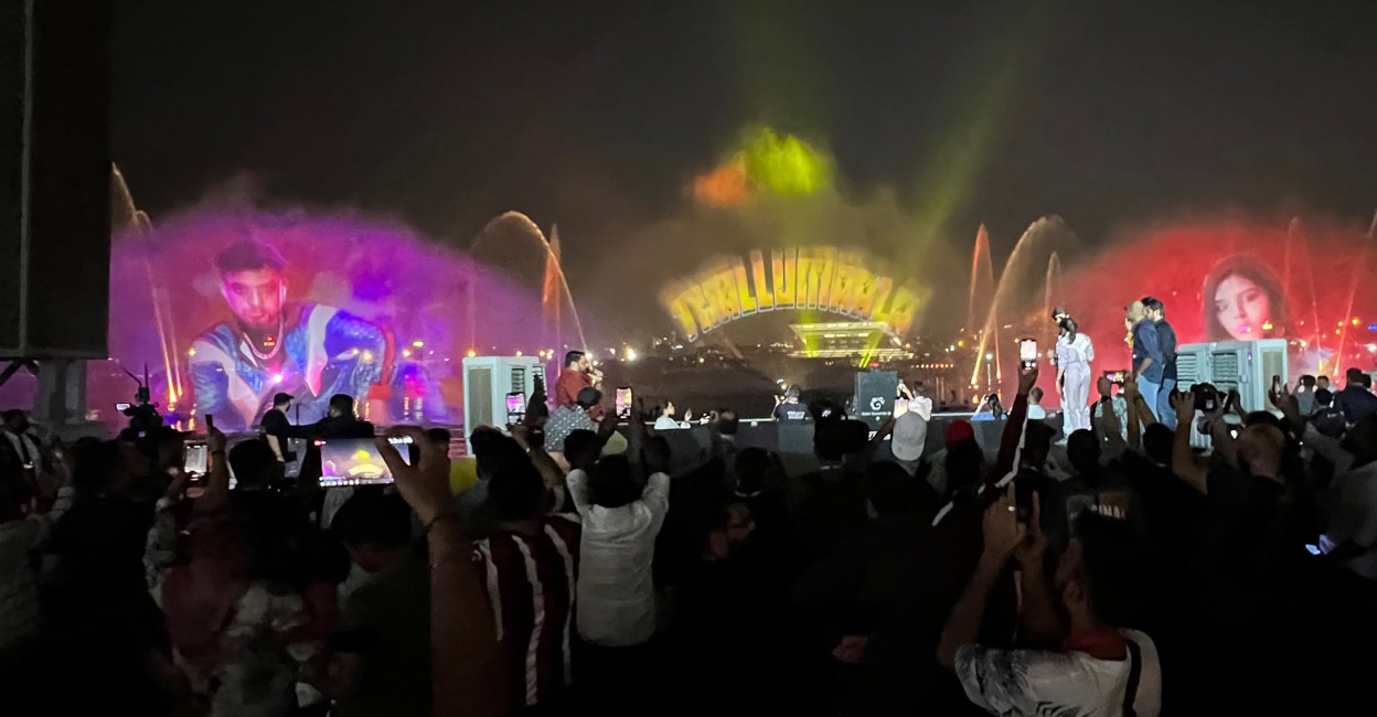 The film’s title was written using laser technology on the water droplets coming from the fountain. Photo: Special arrangement