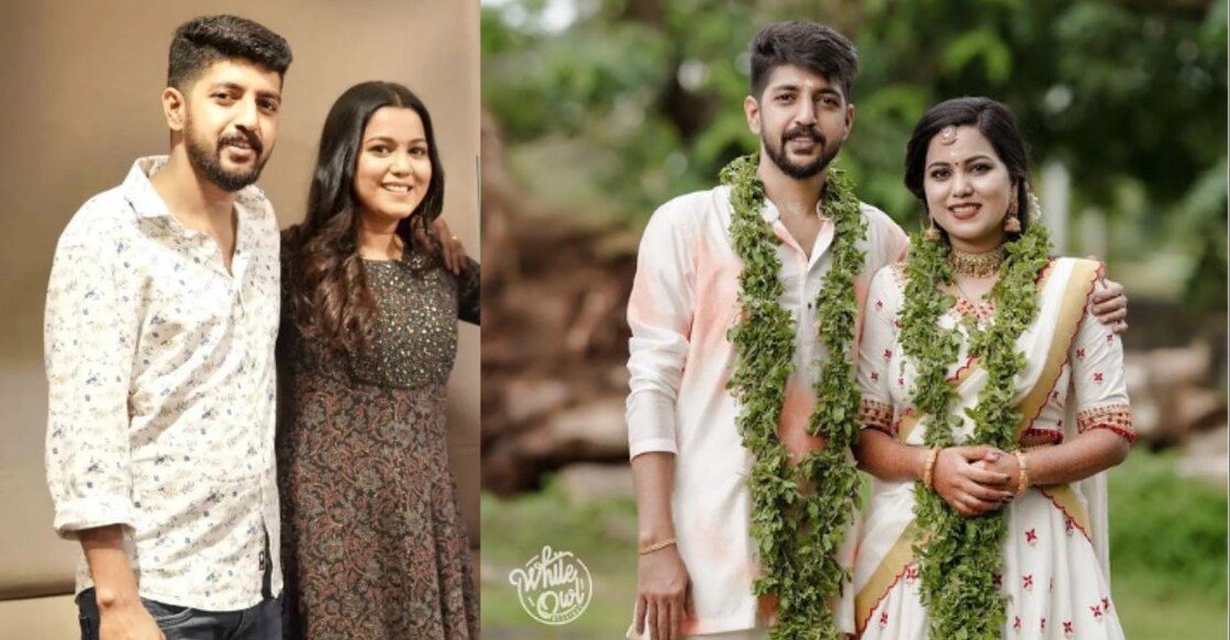 Palthu Janwar director Sangeeth P Rajan and actress Sruthy Suresh, who plays Stephy in the film, tied the knot at Thiruvalla Sree Vallabha temple. Photo: Instagram/Sruthy Suresh