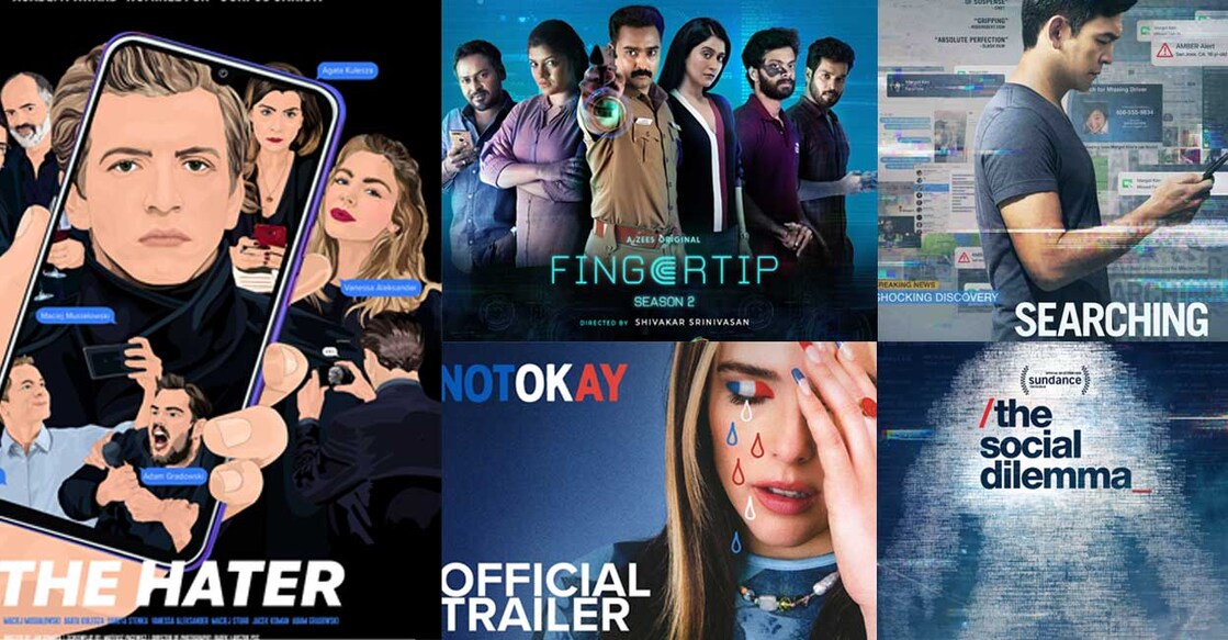 Movie posters of 'The Social Dilemma', 'Not Ok', 'Fingertip', 'The Hater' and 'Searching'. Photos: IMDB
