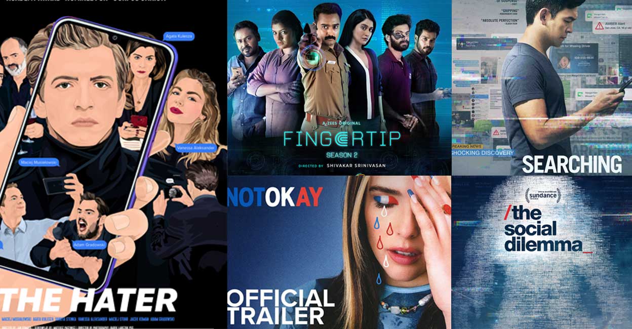 Movie posters of 'The Social Dilemma', 'Not Ok', 'Fingertip', 'The Hater' and 'Searching'. Photos: IMDB