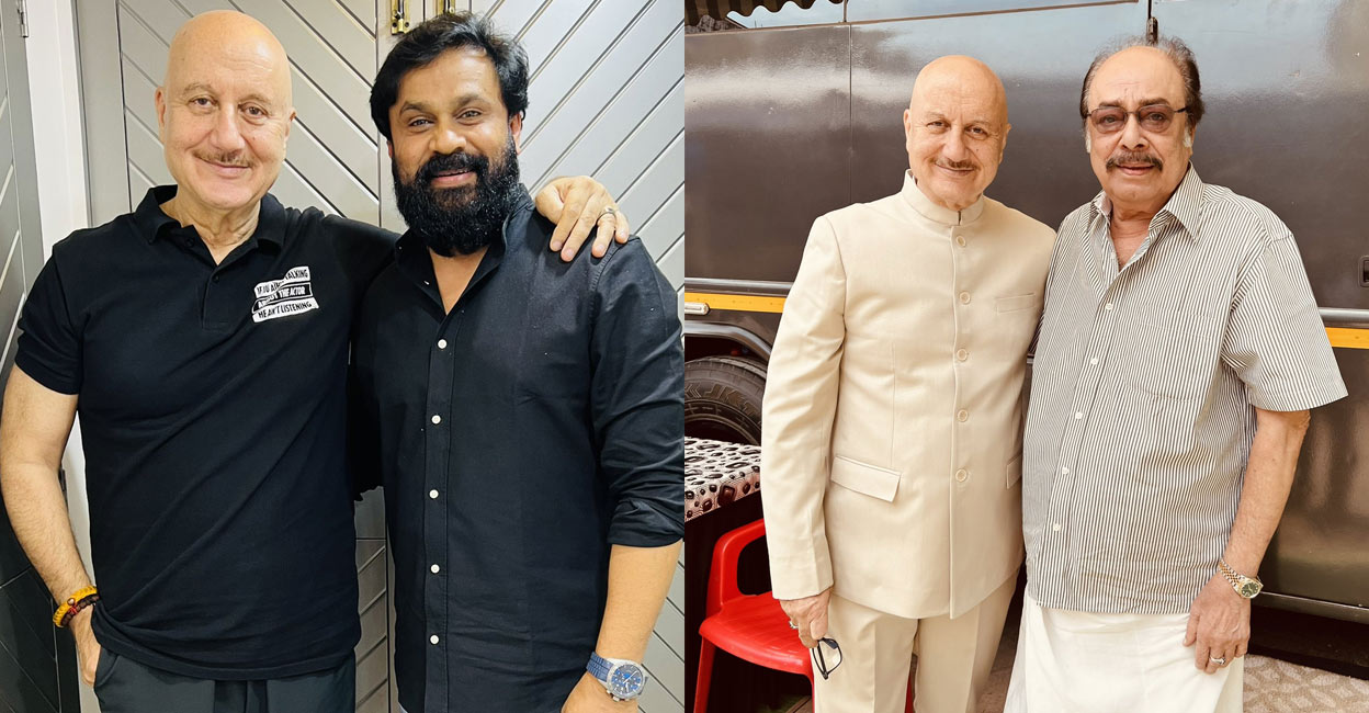 Anupam Kher വോയ്സ് ഓഫ് സത്യനാഥൻ സിനിമയുടെ സെറ്റിൽ ദിലീപിനും ജനാർദനനുമൊപ്പം അനുപം ഖേർ