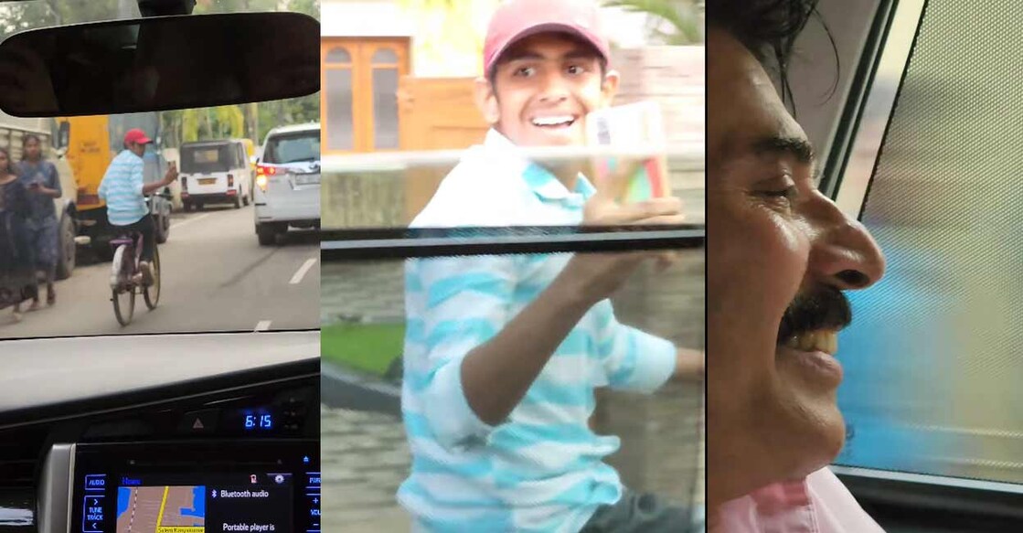 When the car finally reaches him, he quickly waves at Mammootty and shouts, 'Ta ta ikka'. Video stills: Ramesh Pisharody | Facebook