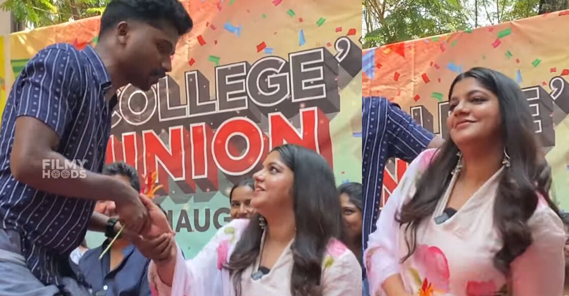 In a video, which is now going viral, the student can be seen entering the stage, following which he forcefully makes her stand up. He then proceeds to hold her shoulders. The visibly uncomfortable actress can be seen wiggling out of the way.