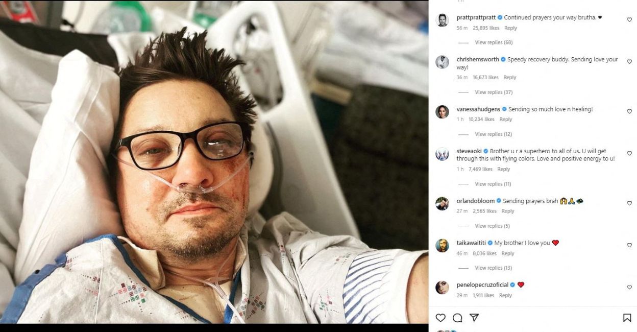 renner-jeremy A screen grab shows a selfie of actor Jeremy Renner on a hospital bed, posted on Instagram. Photo: Reuters