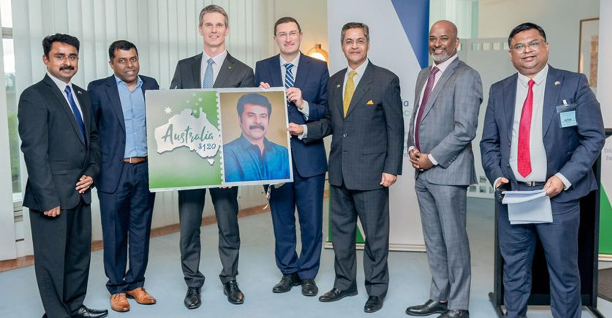 Mammootty stamp Indian High Commissioner to Australia Manpreet Vora received the first stamp. Photo: Manorama News
