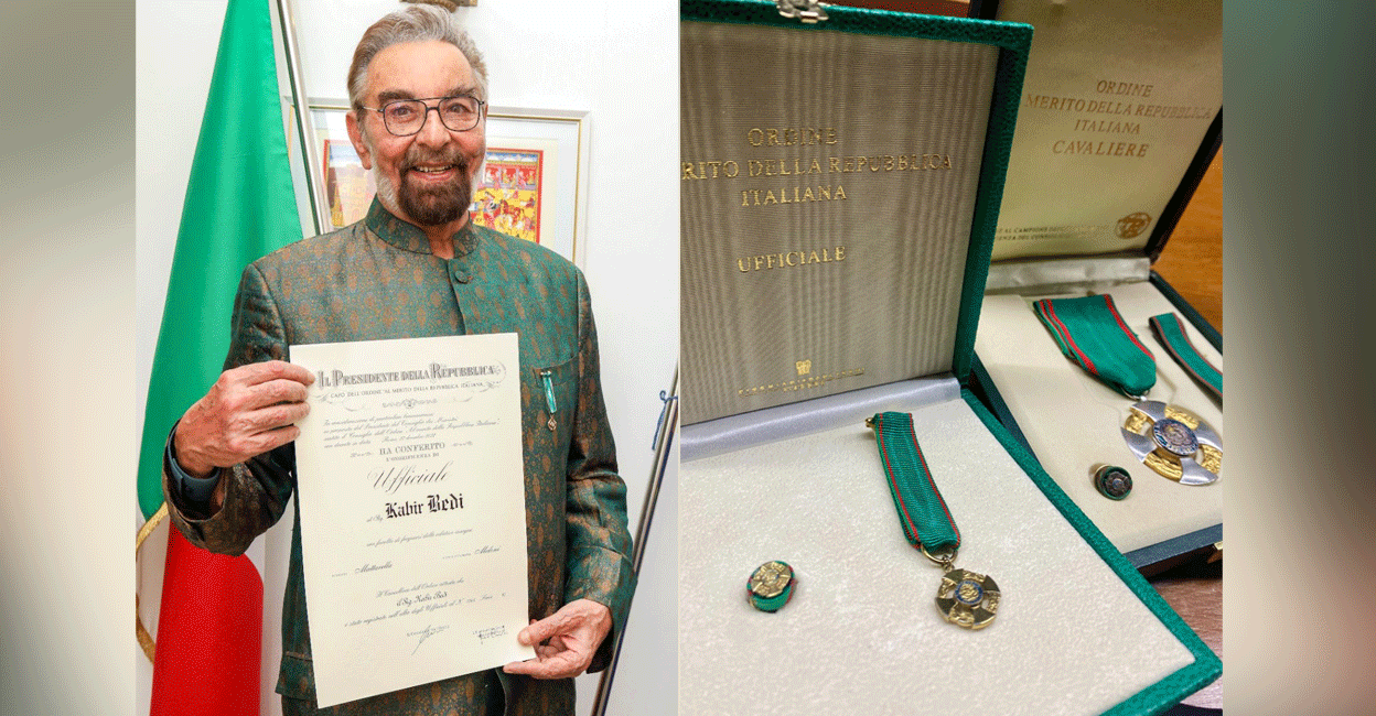 Kabir Bedi poses with the scroll of honour presented along with the 'Order of Merit' (right). Photos: X/@iKabirBedi