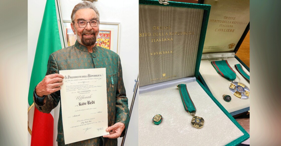 Kabir Bedi poses with the scroll of honour presented along with the 'Order of Merit' (right). Photos: X/@iKabirBedi