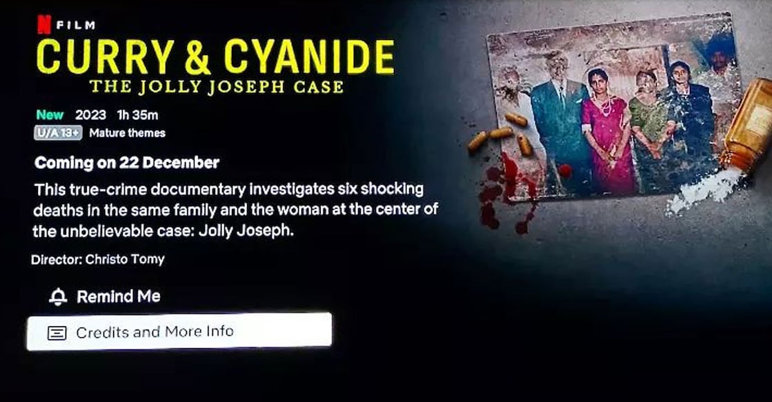 'Curry & Cyanide - The Jolly Joseph Case' 'Curry & Cyanide - The Jolly Joseph Case'. Photo: Instagram/Christo Tomy