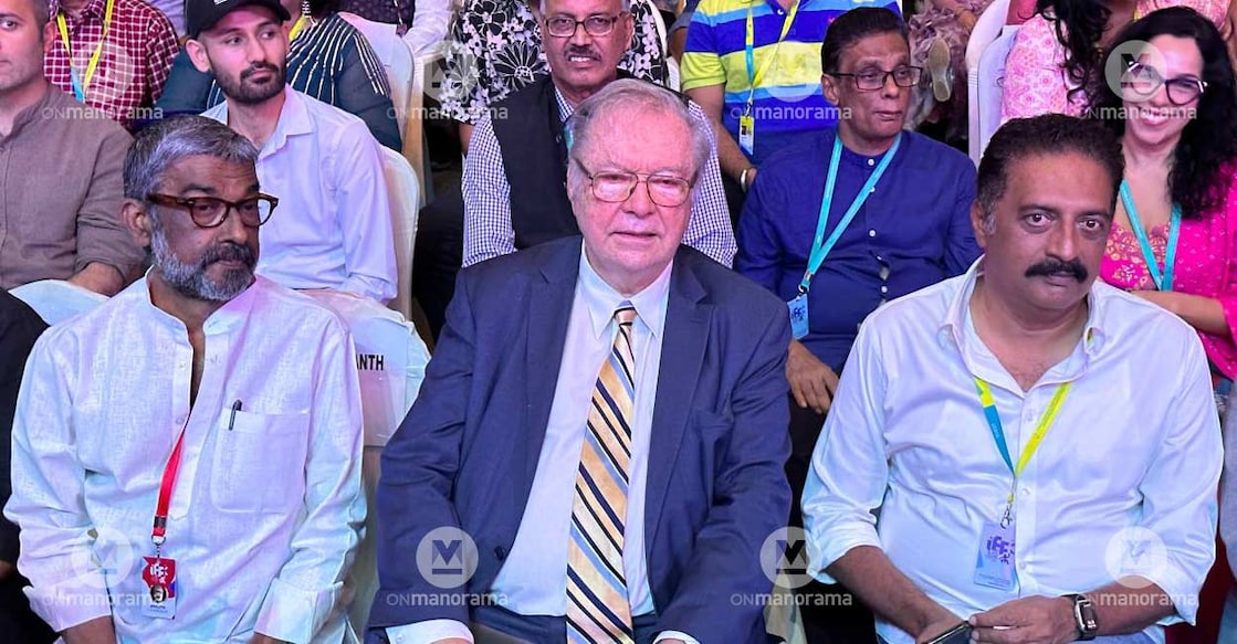 (L to R) Chalachitra Academy Chairman Ranjith, Polish filmmaker Krzysztof Zanussi and Tamil actor Prakash Raj at the closing ceremony of 28th IFFK