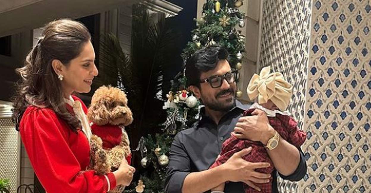 Upasana, dressed in a captivating red dress, complemented Ram's dapper look in a crisp black shirt. Photo | Instagram (upasanakaminenikonidela)