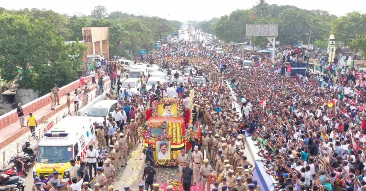 Besides celebrities, common people, party workers, fans and admirers stood in unending lines in the nooks and crannies of Koyambedu to pay their last respects. Photo | Twitter (@sekartweets)