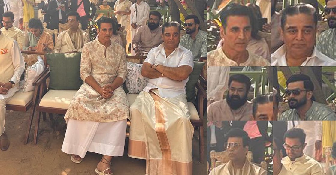 The star-studded ceremony held in Rajasthan was attended by several A-listers from various Indian film industries like Mohanlal, Akshay Kumar, Aamir Khan, Kamal Haasan, Karan Johar, and Prithviraj Sukumaran. Photo: SundaR KamaL/Twitter