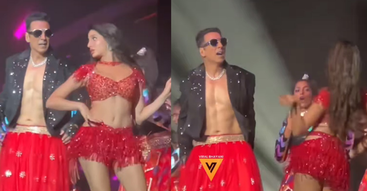 akshay-kumar-nora-fatehi-lehenga The duo, who ended the dance with a hug, will be travelling across various cities in the US, where they will perform live. Video stills | Viral Bhayani | Instagram