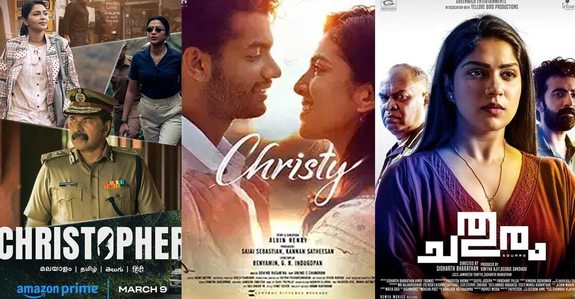 While Mammootty headlines Christopher, Roshan Mathew, Alencier and Swasika star in Chathuram and Malavika Mohanan-Mathew Thomas pair plays the lead in Christy. Image courtesy: Collage of posters