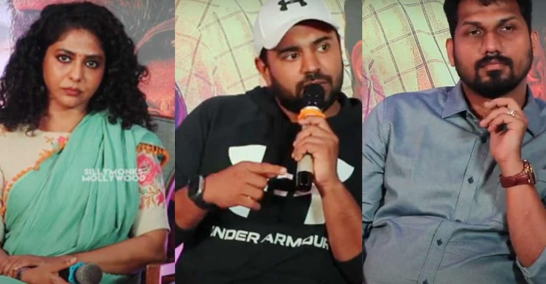 Poornima Indrajith, Nivin Pauly and Listin Stephen at a press meet prior to the release of the movie. Photo: Collage of screen grabs