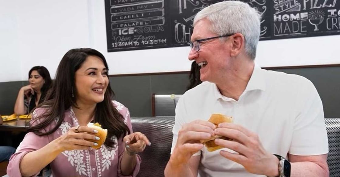Madhuri Dixit, Tim Cook Dixit had earlier shared a picture with Cook with the caption: "Can't think of a better welcome to Mumbai than Vada Pav". Photo: Instagram: Madhuri Dixit