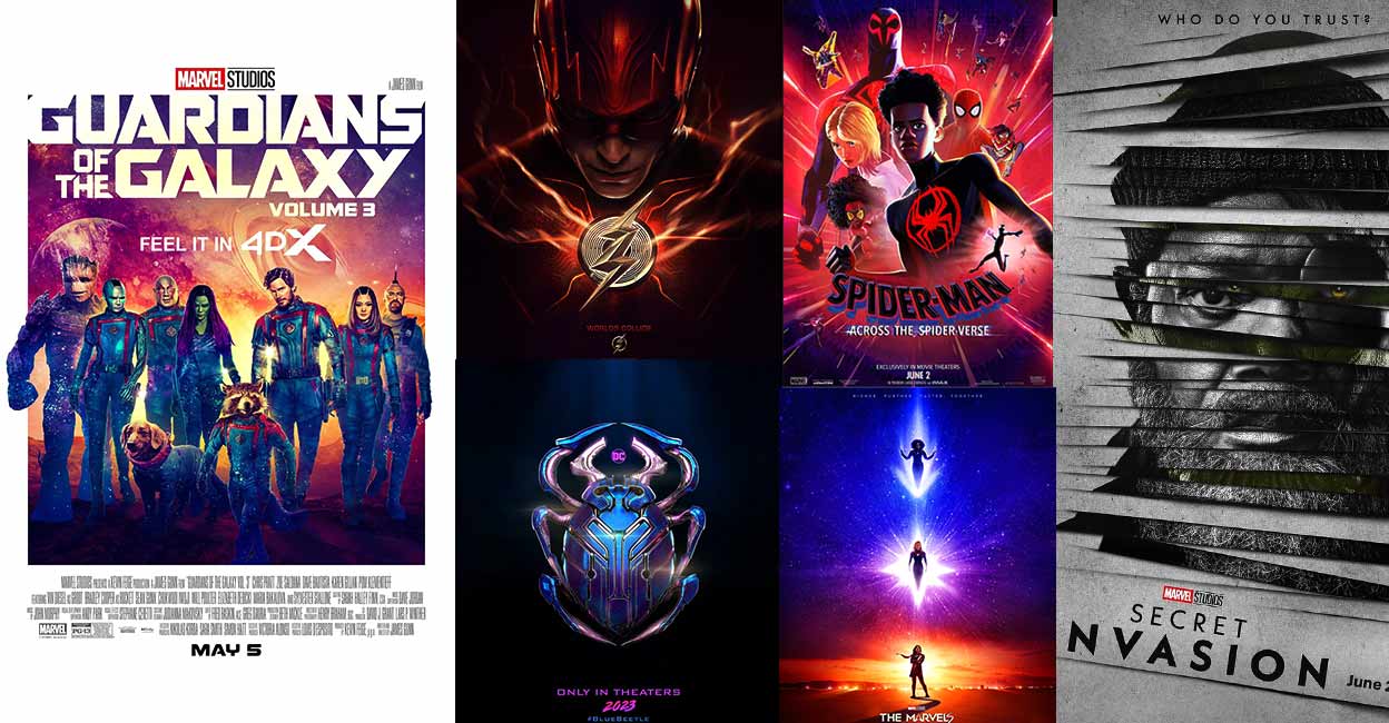 Posters of the Guardians of the Galaxy Vol. 3, The Flash, Blue Beetle, Spider-Man: Across the Spider-Verse, The Marvels, Secret Invasion. Photo: Instagram/ @marvelstudios, @bluebeetle, @wbpictures and @sonypictures