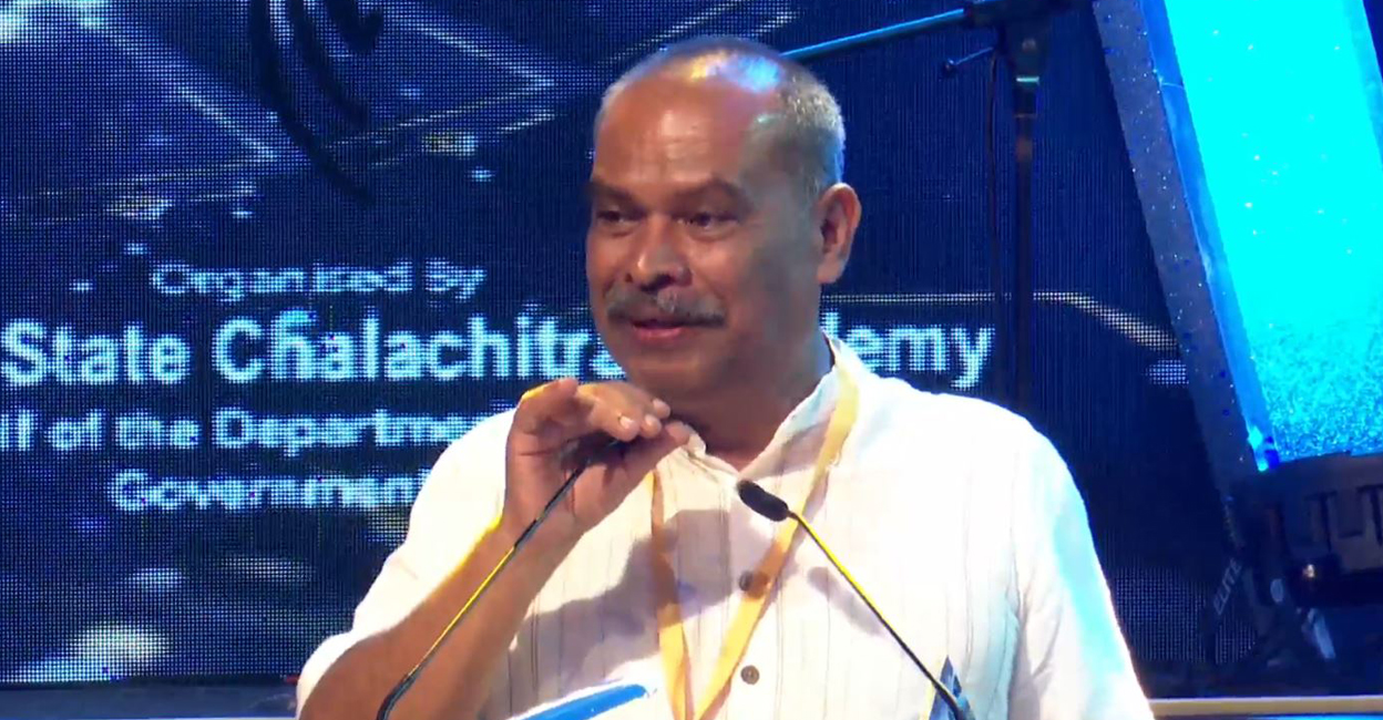 A screengrab of Alencier speaking at the event. Photo: Facebook /Kerala State Chalachitra Academy