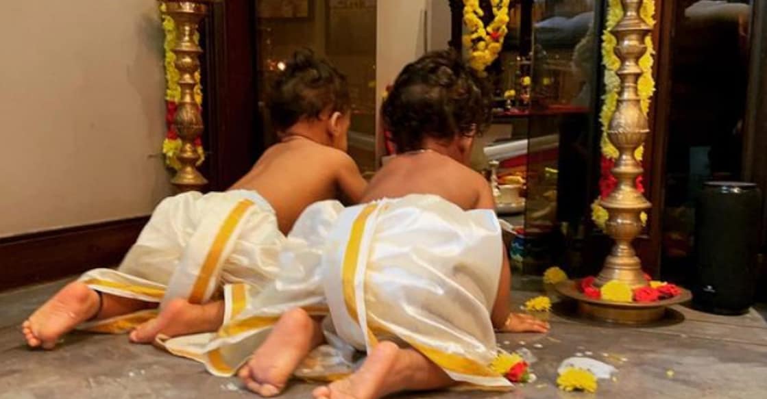 uyir-ulag-photos The latest photo of the twins dressed up in traditional dhotis while crawling on the floor is going viral. Photo: Instagram | nayanthara