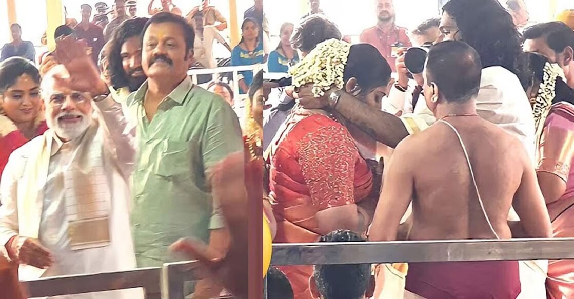 pm-modi-bhagya PM Modi at Bhagya Suresh's wedding. Photo: Youtube/Shajipappanmedia