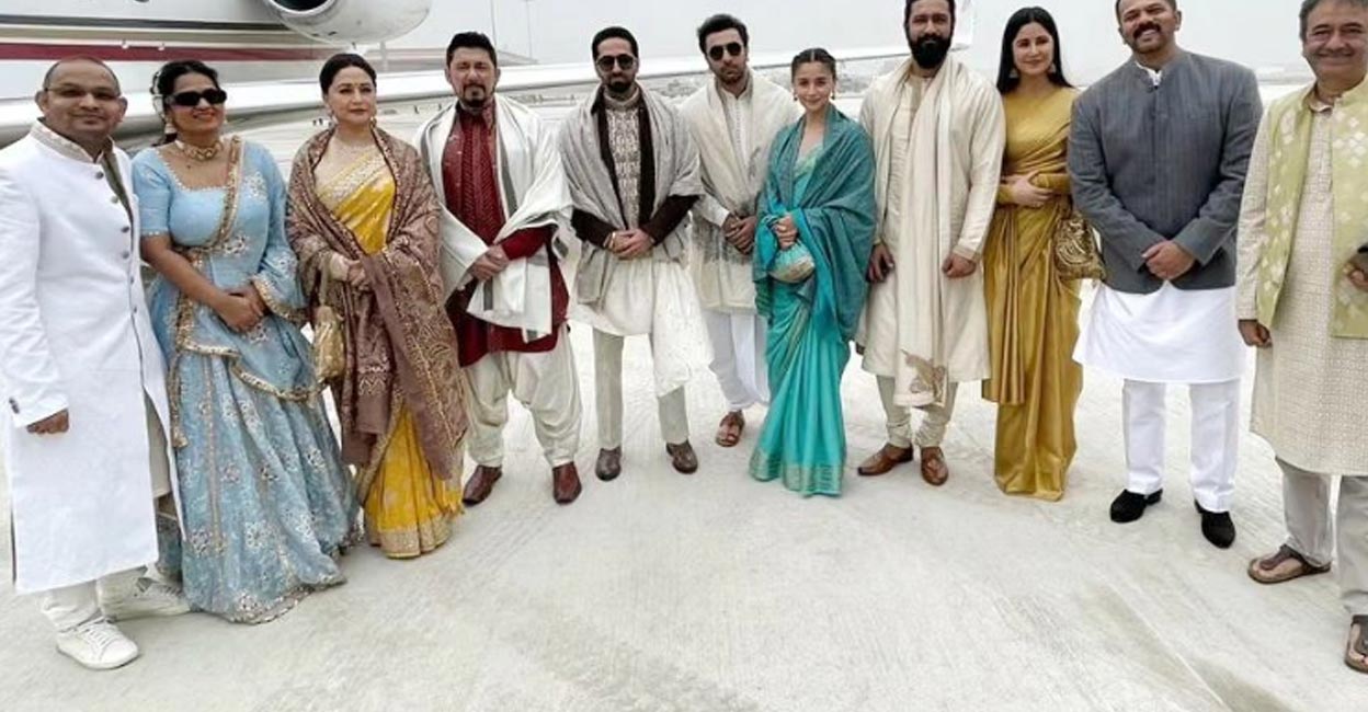 Madhuri Dixit, Alia Bhatt, Ranbir among others took the flight to Ayodhya from Mumbai. Photo | Instagram (manav.manglani)
