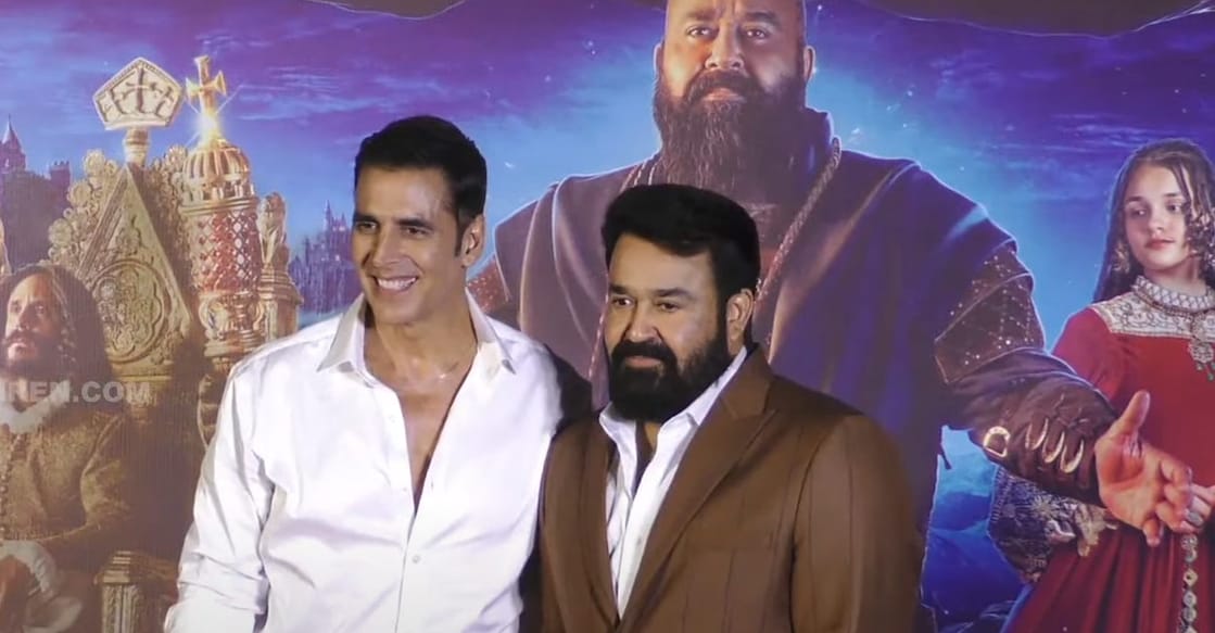 mohanlal-akshay Mohanlal and Akshay Kumar at the 'Barroz' trailer launch. Photo: YouTube