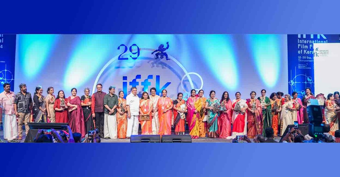 Minister for Culture and Films Saji Cherian with veteran female actors from the Malayalam film industry at the 29th International Film Festival of Kerala. Photo: Special arrangement