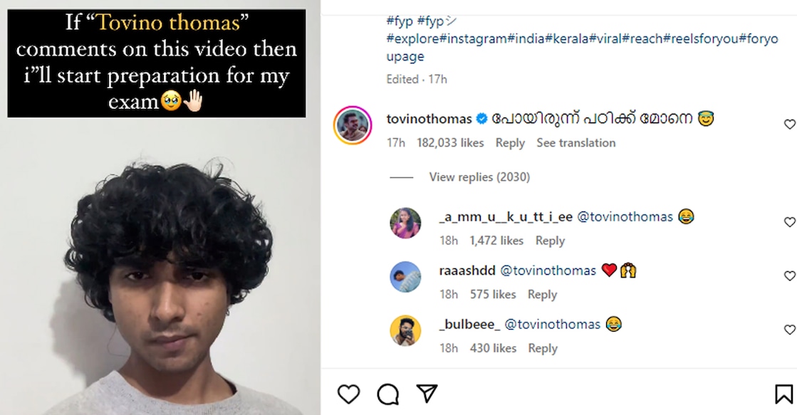 trend-tovino Screenshot of Tovino's interaction on the post. Photo: Instagram/@thaha_hasoon