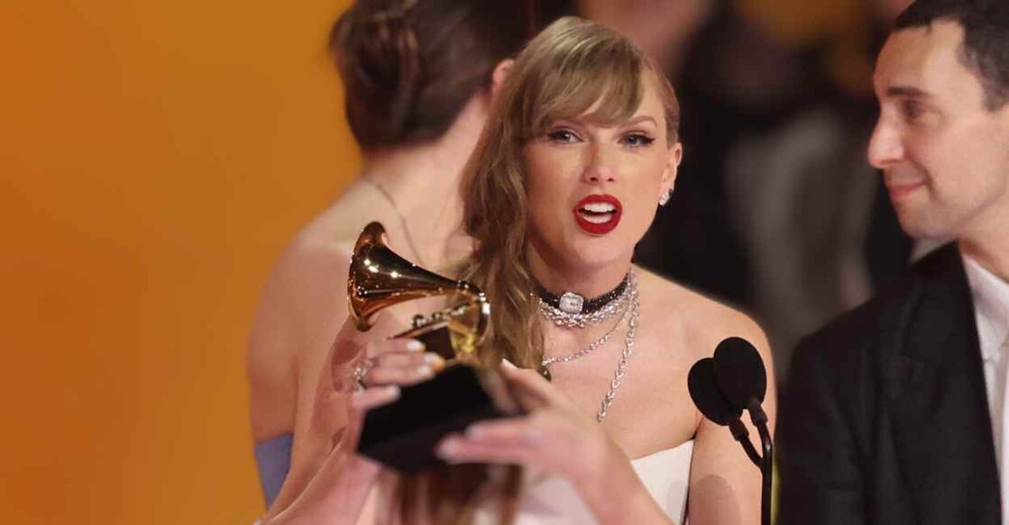 Taylor Swift with the award for Album of the Year for Midnights during the 66th Annual Grammy Awards in Los Angeles on February 4, 2024. Photo: Reuters/Mike Blake