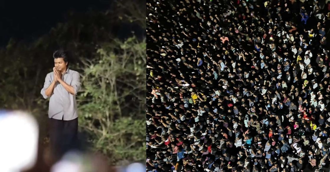 Huge crowds gathered outside a stadium in Thiruvananthapuram to get a glimpse of the actor | Photos | X (TryVlogs, Kerala Vijay Fans Club)