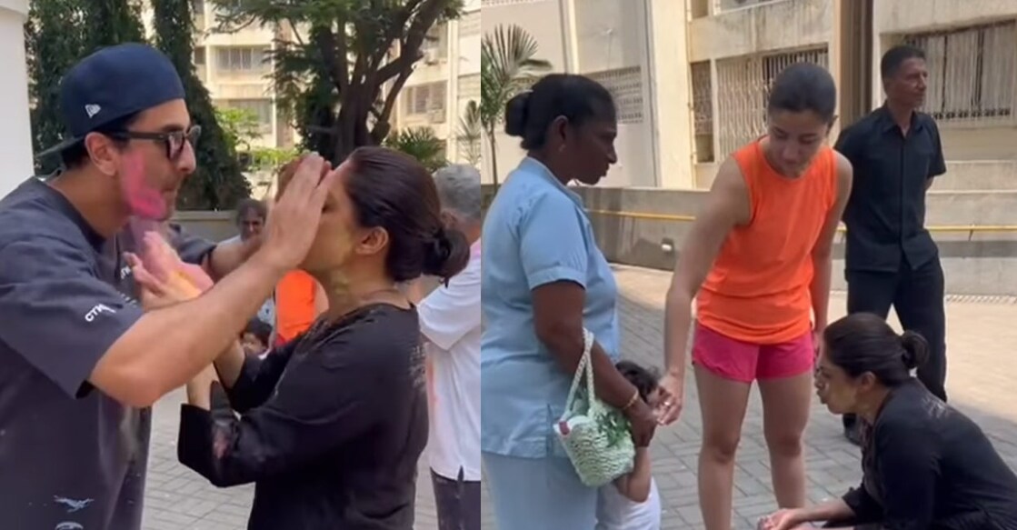 A video of the actor applying Holi colours on Ranbir and Alia's faces, while engaging in some fun banter, has gone viral on social media. Photo | Instagram (simply. nadiya)