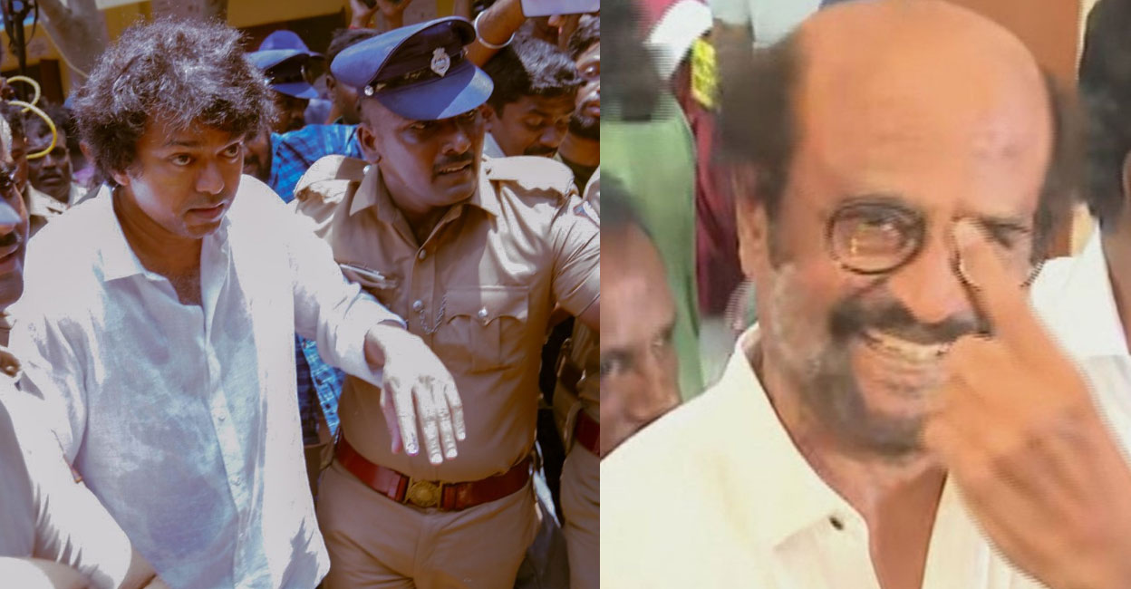 Vijay cast his vote at Neelankarai polling booth. Rajinikanth showed off his inked finger as he leaves the polling booth at Stella Maris College, Chennai. Photos | Twitter