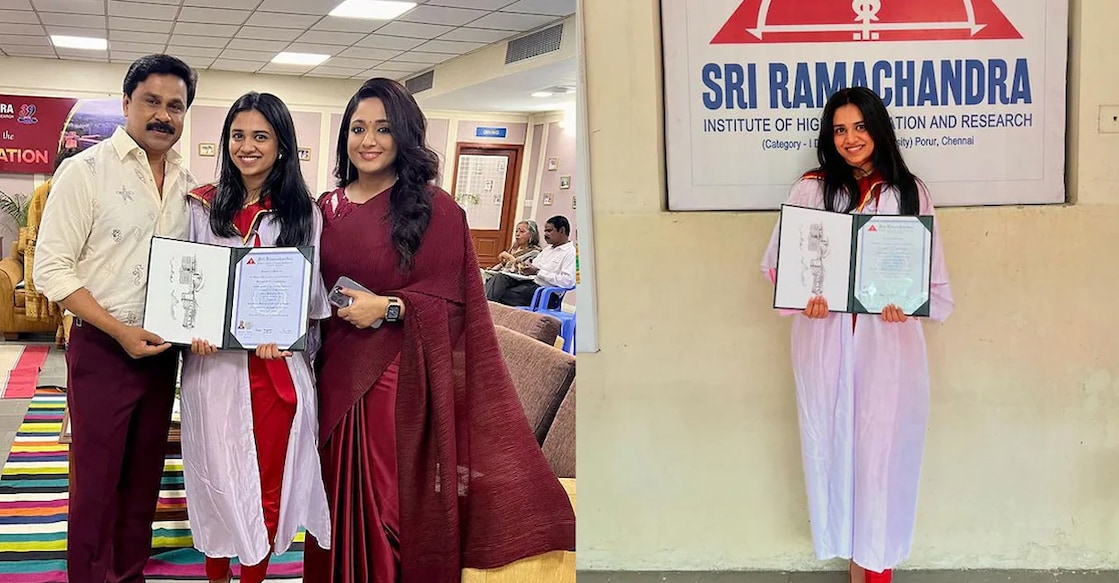 Meenakshi with Dileep and Kavya Madhavan. Photo: Instagram
