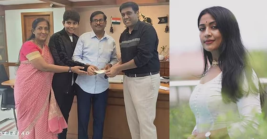 Navya Nair's parents and son with the Kochi collector. Photo: Instagram